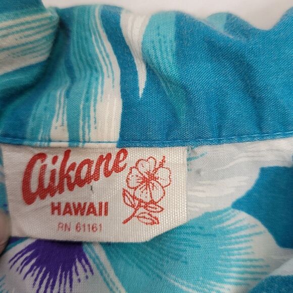 VINTAGE 70s Aikane Hawaii teal floral hibiscus button up shirt S‎ - Picture 5 of 7
